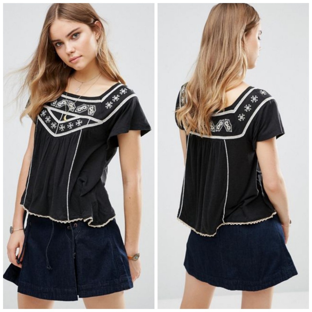 Free People Muse Embroidered Short Sleeve Tee Top